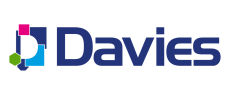 A navy blue logo for Davies with some coloured blocks on the left.